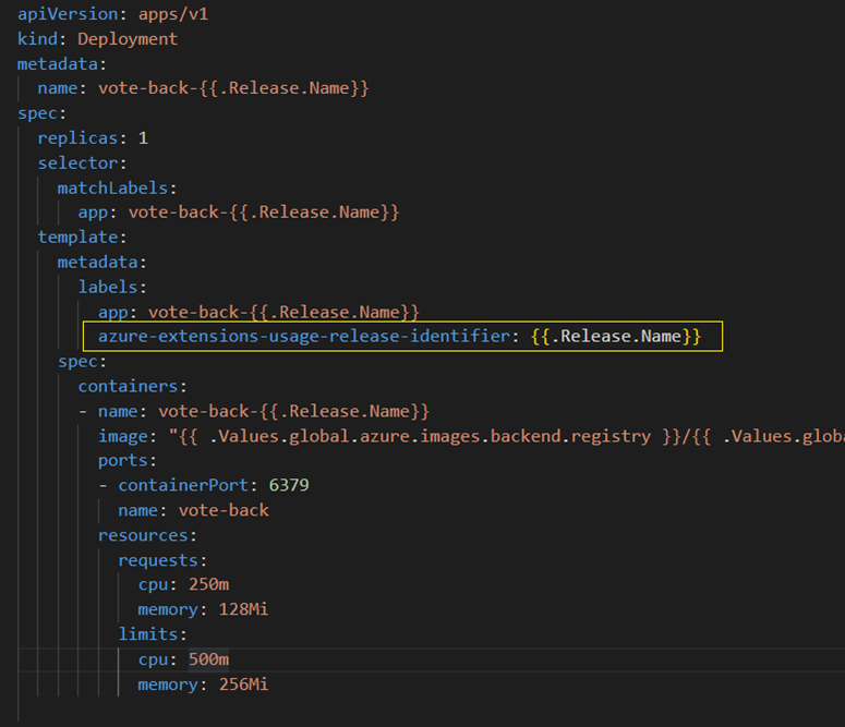 Uma captura de tela de um rótulo identificador de faturamento formatado corretamente em um arquivo deployment.yaml. O conteúdo é semelhante ao arquivo depoyment.yaml de exemplo vinculado neste artigo.