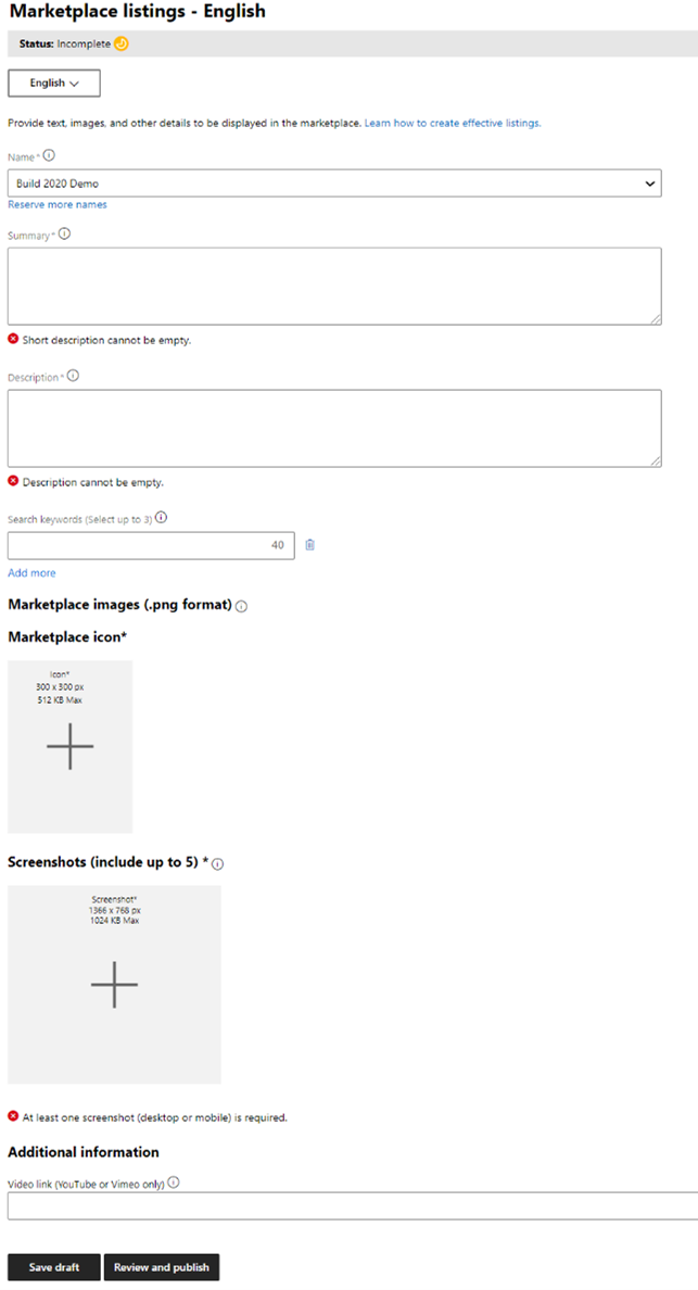 Marketplace listing form.