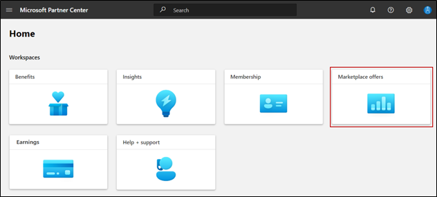 Captura de ecrã da Página inicial do Partner Center, com o mosaico de ofertas do Marketplace selecionado.