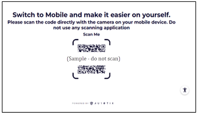 Captura de tela que mostra a página AU10TIX: Mude para dispositivos móveis, tornando as coisas mais simples para si. A página tem um código QR proeminente para ser digitalizado.