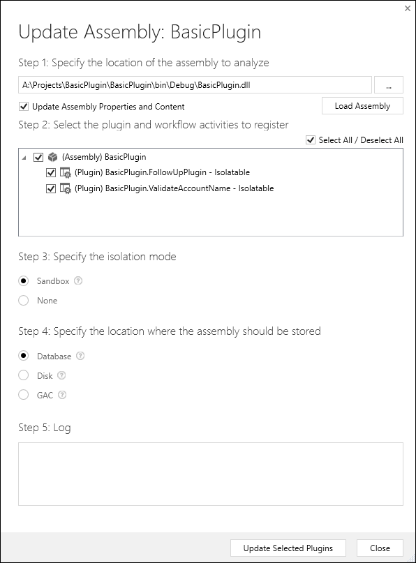 Update Assembly: Basic Plugin diallog.