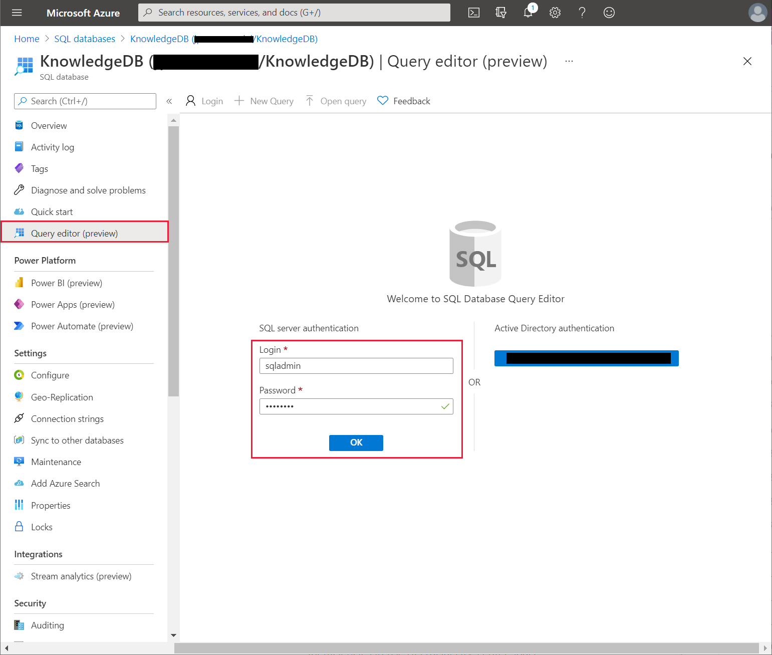 Iniciar sessão na Base de Dados SQL do Azure.