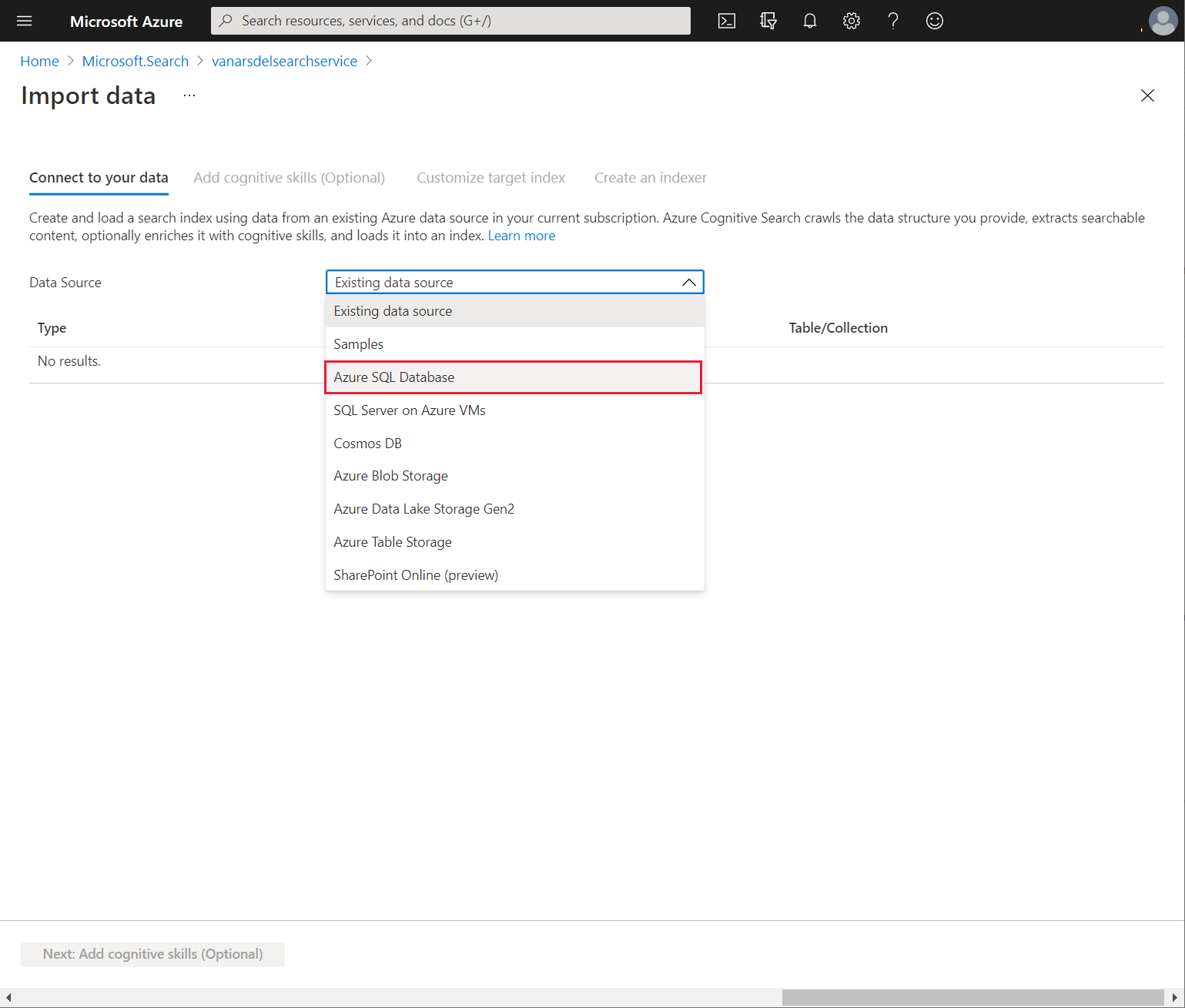 Selecionar Base de Dados SQL do Azure.