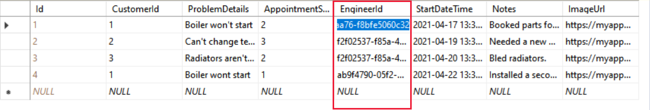 Dados de engenheiro de exemplo com IDs como GUIDs.