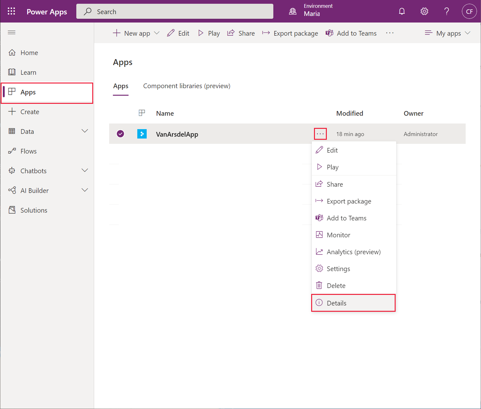 Selecionar o painel Detalhes para uma aplicação.