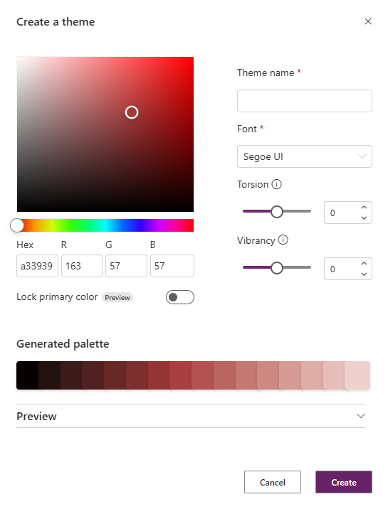 Captura de ecrã a mostrar a interface de utilizador Criar um tema.