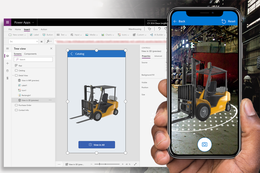 Uma captura de ecrã de uma aplicação de telefone com um controlo 3D em construção em Microsoft Power Apps Studio, ao lado de uma foto que mostra a aplicação em uso.