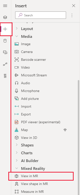 Uma captura de ecrã do separador Inserir no Power Apps Studio, que mostra onde encontrar o controlo Ver no MR.