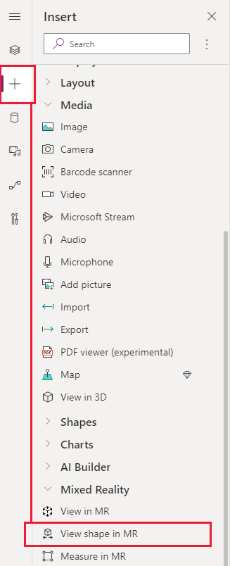 Uma captura de ecrã do separador Inserir no Power Apps Studio, que mostra onde encontrar o controlo Ver a forma no MR.