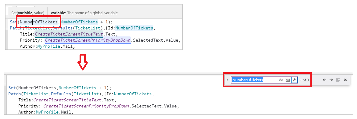 Cursor colocado na parte da fórmula para localizar e substituir e outro ecrã com o controlo Find and Replace aberto.