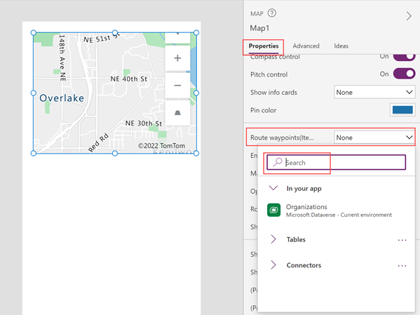 Uma captura de ecrã que mostra como pesquisar por uma origem de dados de ponto de passagem para ligar a um controlo Mapa no Power Apps Studio.