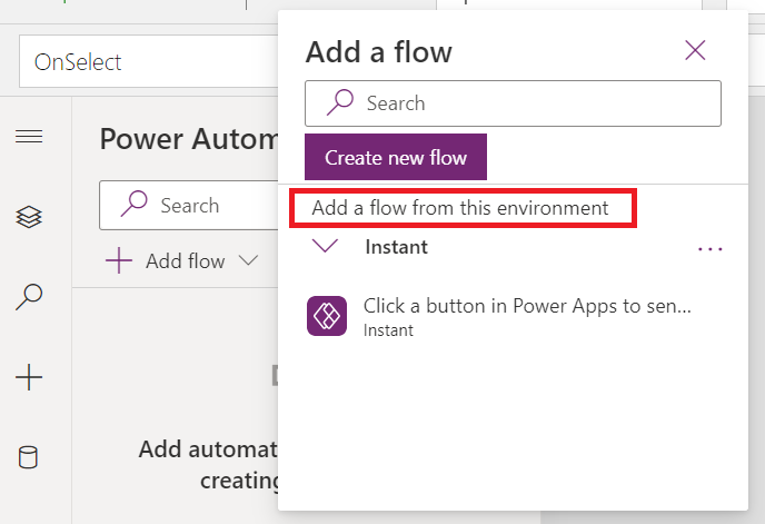 Uma captura de ecrã que mostra a opção para adicionar fluxos existentes a partir do ambiente atual.