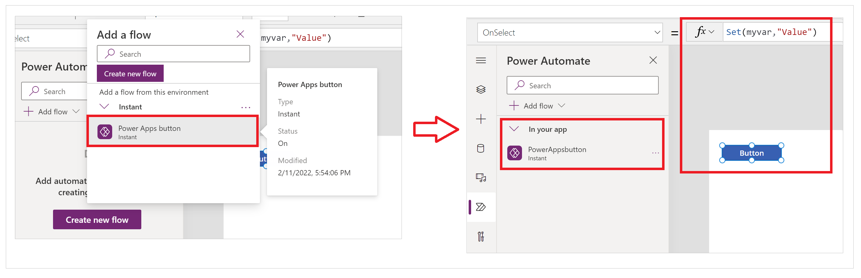 Uma captura de ecrã a mostrar o fluxo adicionado à propriedade OnSelect do botão que não é substituído depois da adição do fluxo.