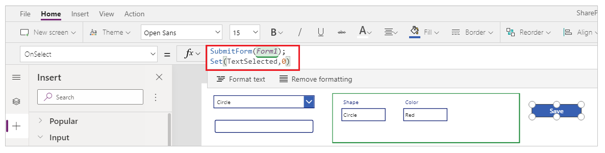 Propriedade OnSelect para o botão Guardar.