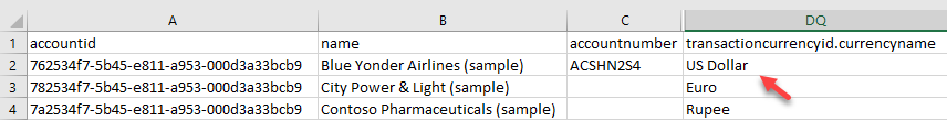 Ficheiro de exportação de exemplo de uma tabela de Conta que mostra o nome da moeda como uma chave natural.