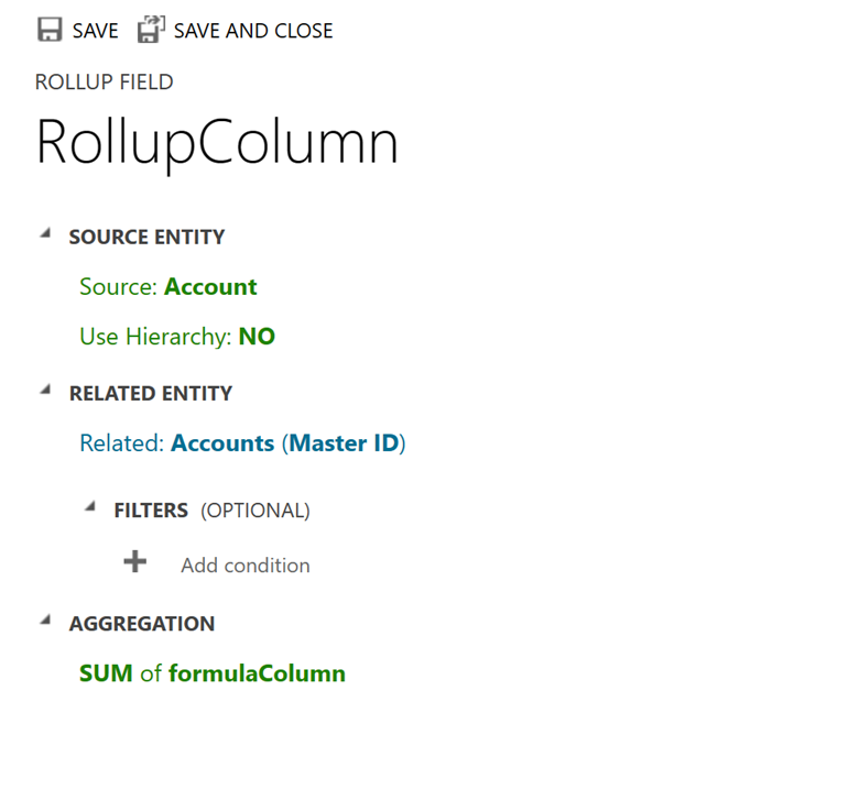 Exemplo de configuração de coluna de rollup