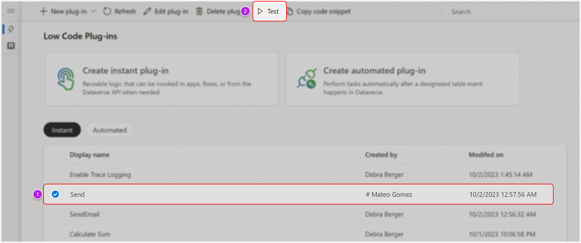 Selecionar Teste para o plug-in de low-code