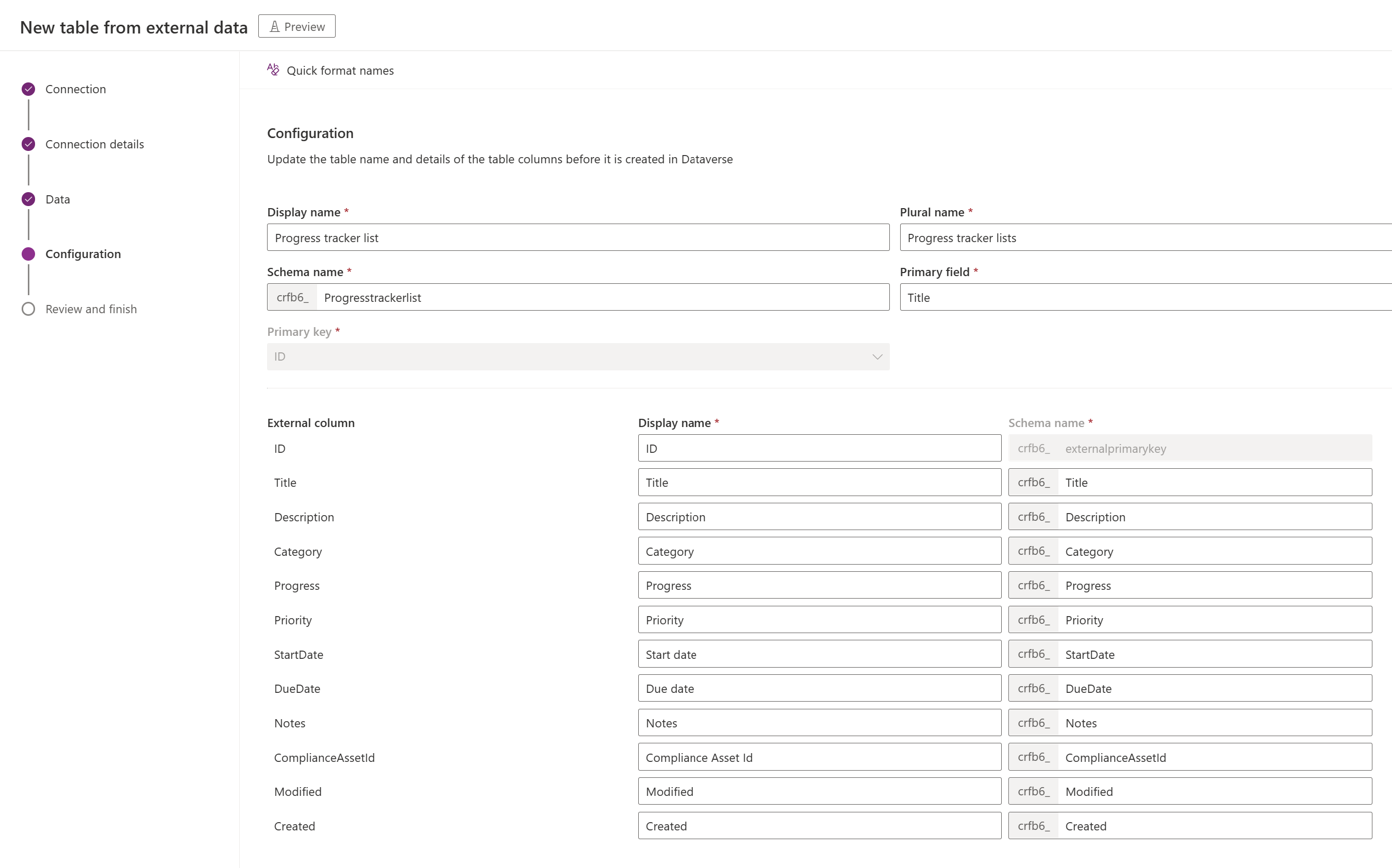 Configurar nomes de tabelas e de colunas para a tabela virtual