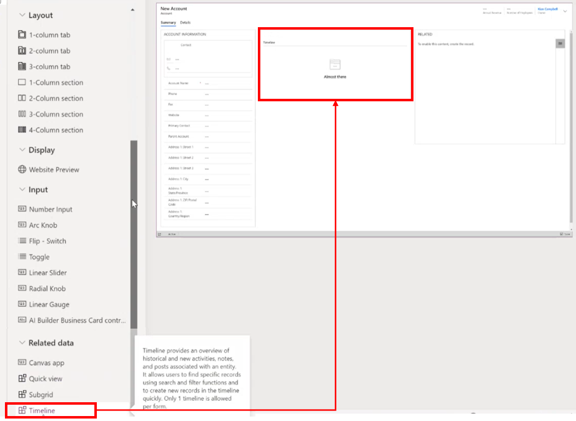 Adicionar ou remover uma linha cronológica de um formulário de entidade.