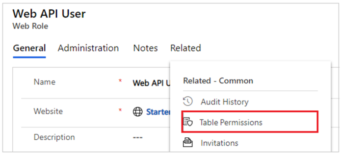 Adicionar permissões de tabela relacionadas à função Web.