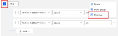 Uma captura de ecrã do editor de filtros da vista a mostrar a opção Desagrupar de um grupo de condições.