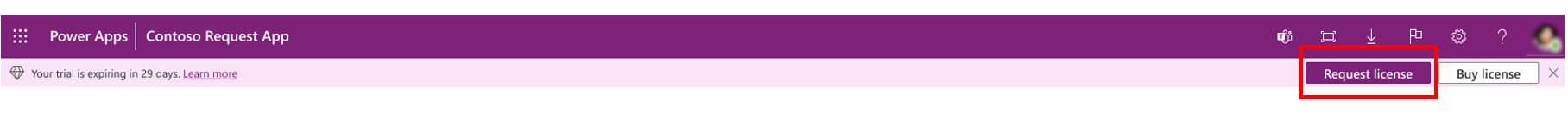 Os utilizadores que já estão numa avaliação ativa do Power Apps podem pedir uma licença.