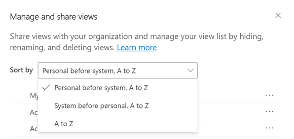 Uma captura de ecrã do painel Gerir e partilhar vistas a mostrar as opções de ordenação do seletor de vistas.