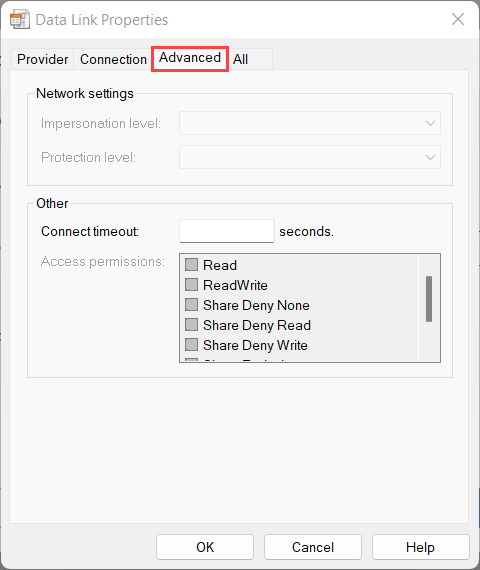 Captura de ecrã do separador propriedades avançadas da ligação de dados.