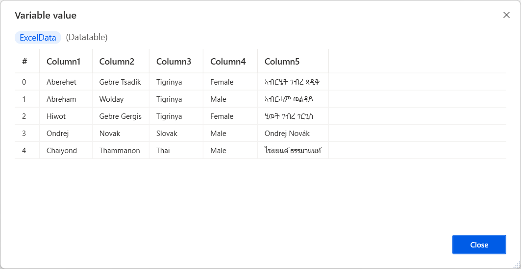 Captura de ecrã de uma tabela de dados apresentada no visualizador de valores.