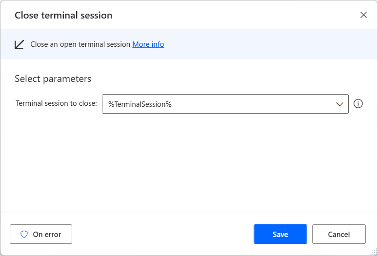 Captura de ecrã da ação Fechar a sessão de terminal.