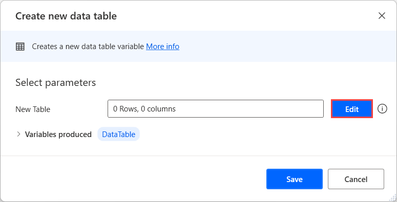 Captura de ecrã da ação Criar nova tabela de dados.