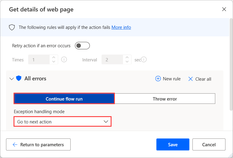 Captura de ecrã das opções em caso de erro da ação Obter detalhes de uma página Web.