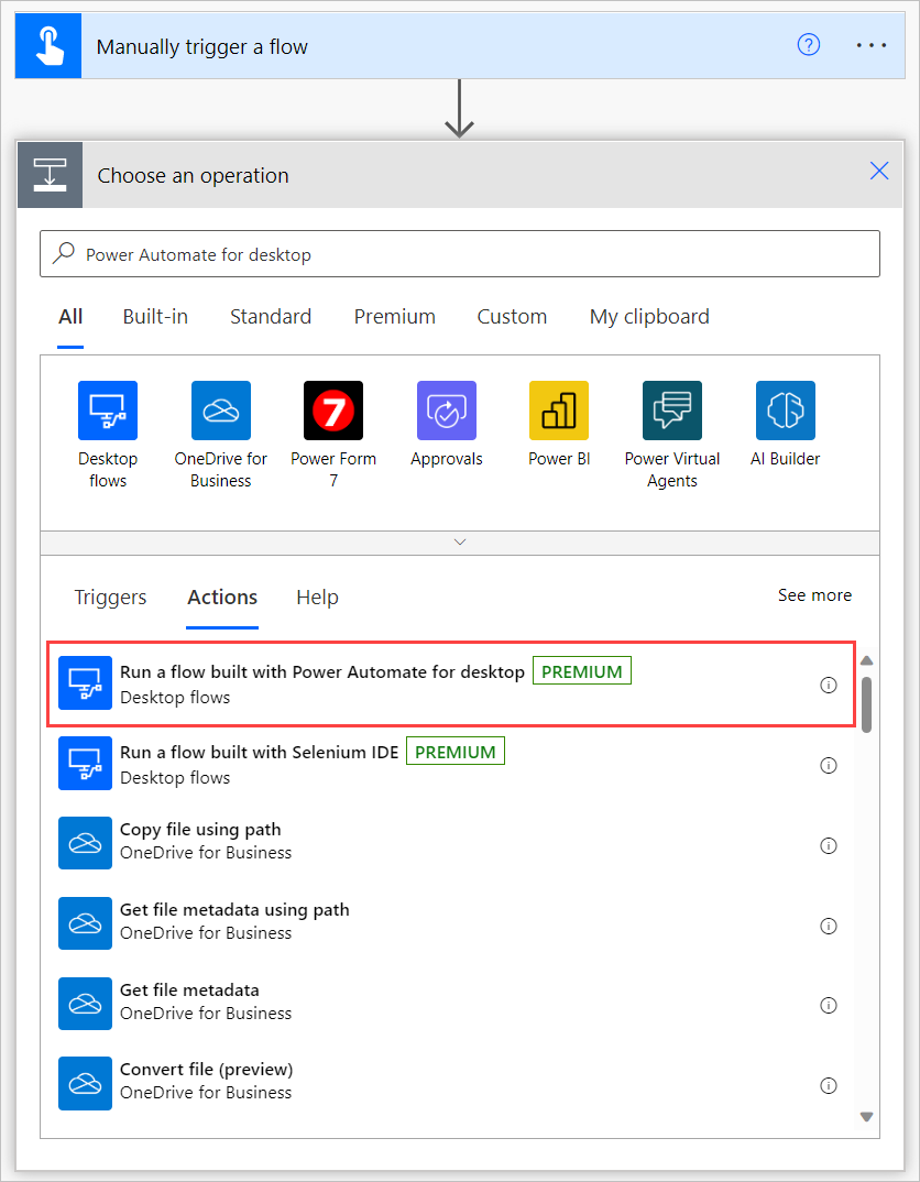 Captura de ecrã da ação Executar um fluxo criado com o Power Automate para computador.