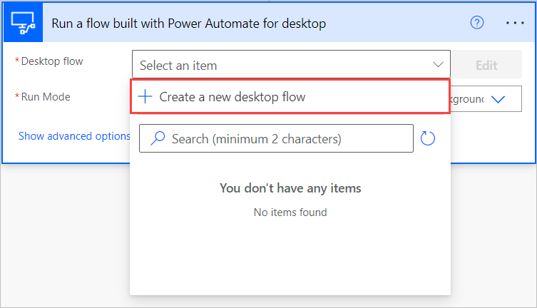 Captura de ecrã da opção na ação Executar um fluxo criado com o Power Automate para computadores.