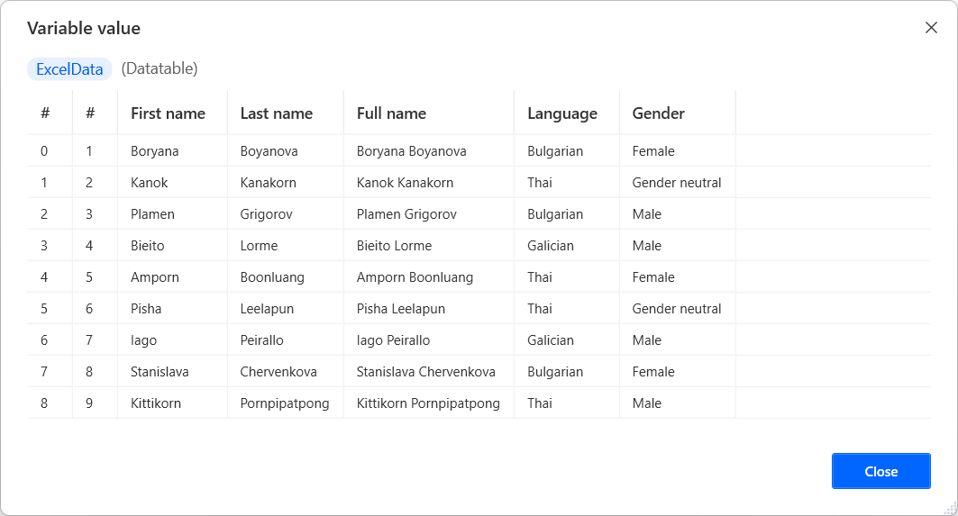 Captura de ecrã do visualizador de valores de variável.