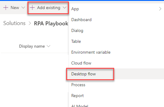 Captura de ecrã do adicionar uma solução existente, com o fluxo de ambiente de trabalho selecionado a partir do menu pendente.