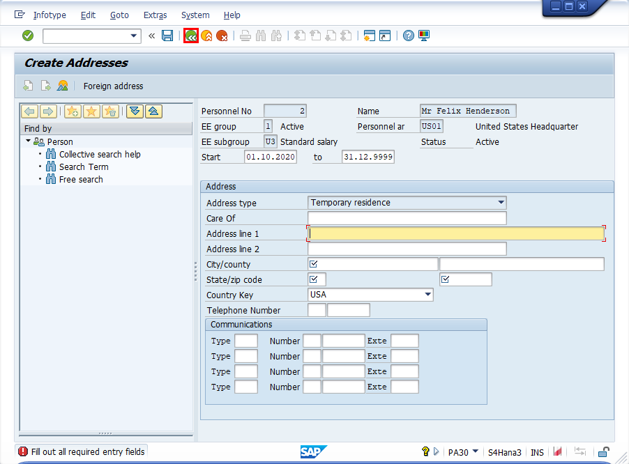 Captura de ecrã da janela Criar endereços no SAP Easy Access com o botão Anterior destacado.