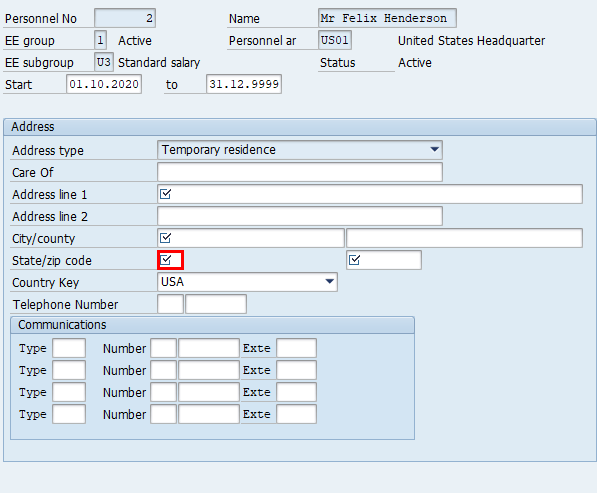 Captura de ecrã da janela Criar endereços no SAP Easy Access com destaque no campo Estado na área Endereço.