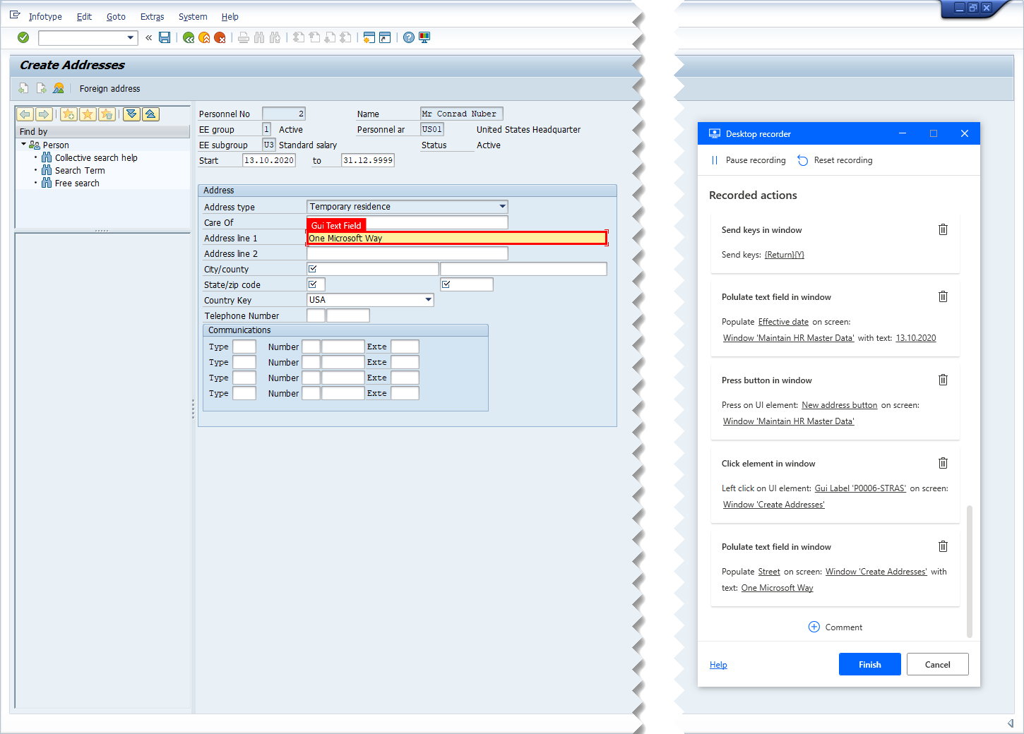 Captura de ecrã do SAP GUI com janela de deteção de movimentos do gravador de Ambiente de Trabalho e campo linha 1 do endereço SAP a ser especificado e marcado para gravação.