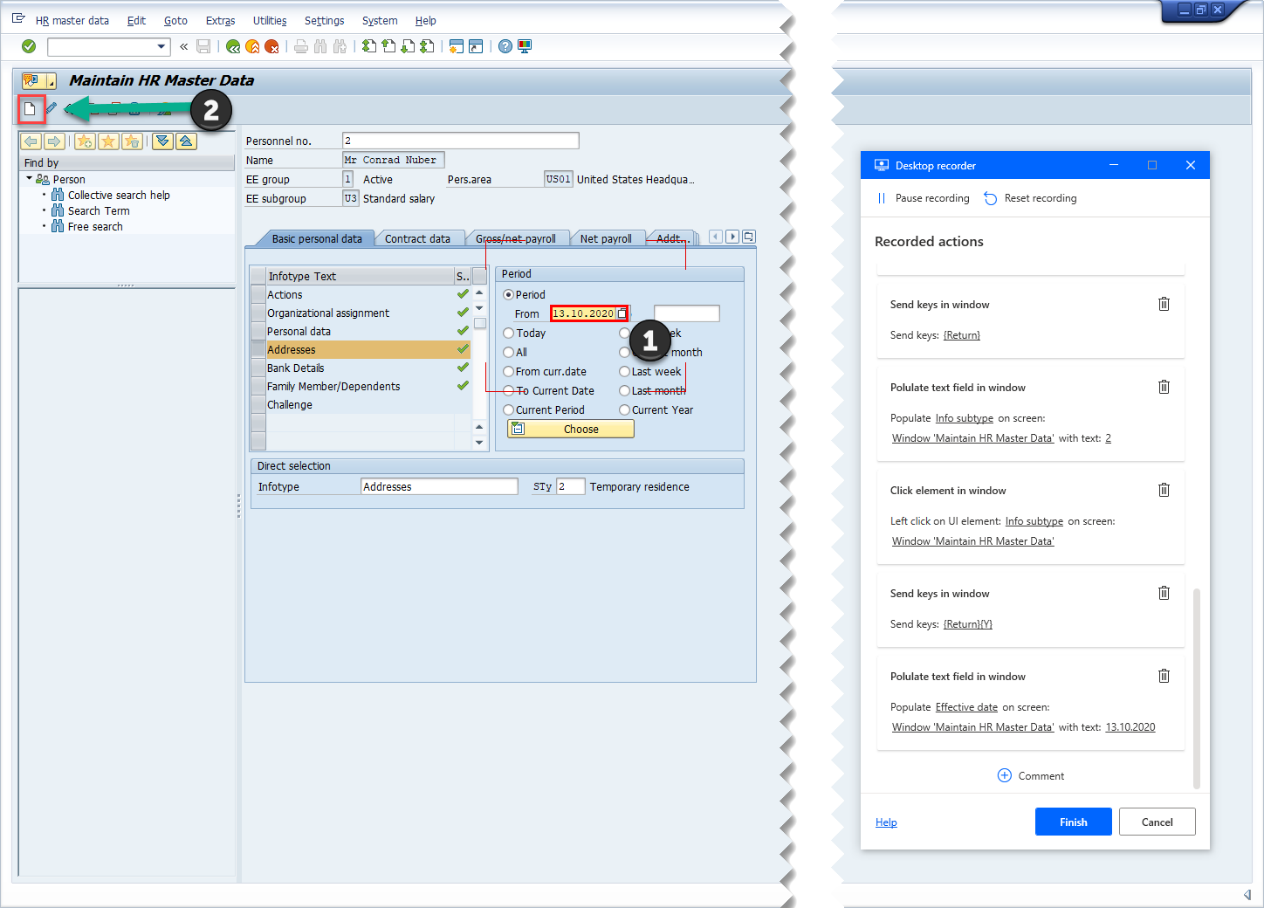 Captura de ecrã do SAP GUI com janela de deteção de movimentos do gravador de Ambiente de Trabalho e período SAP do campo a ser especificado e marcado para gravação.