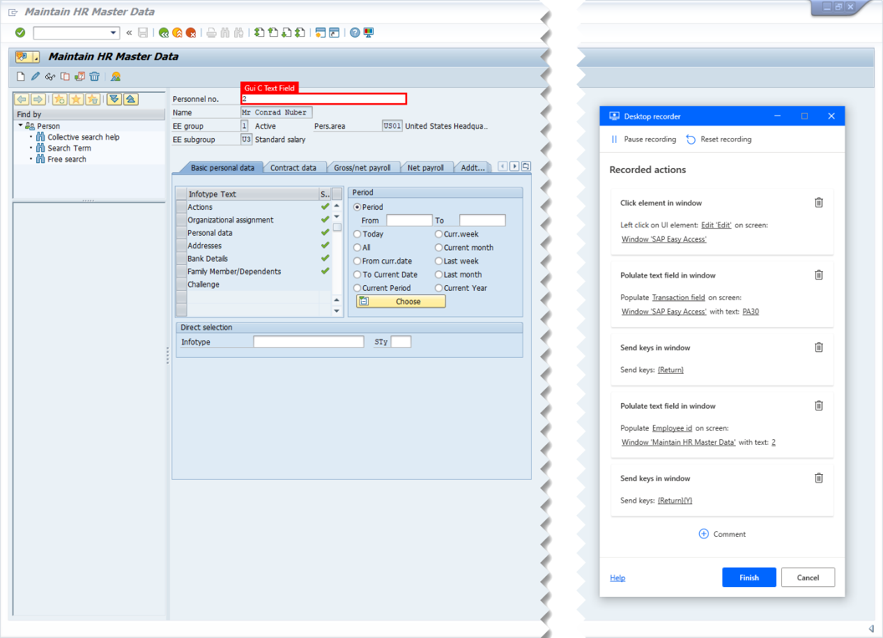 Captura de ecrã do SAP GUI com janela de deteção de movimentos do gravador de Ambiente de Trabalho e campo do número de Pessoal SAP a ser marcado para gravação.