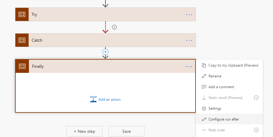 Captura de ecrã do âmbito Finalmente com Configurar execução depois de selecionada no menu Mais.