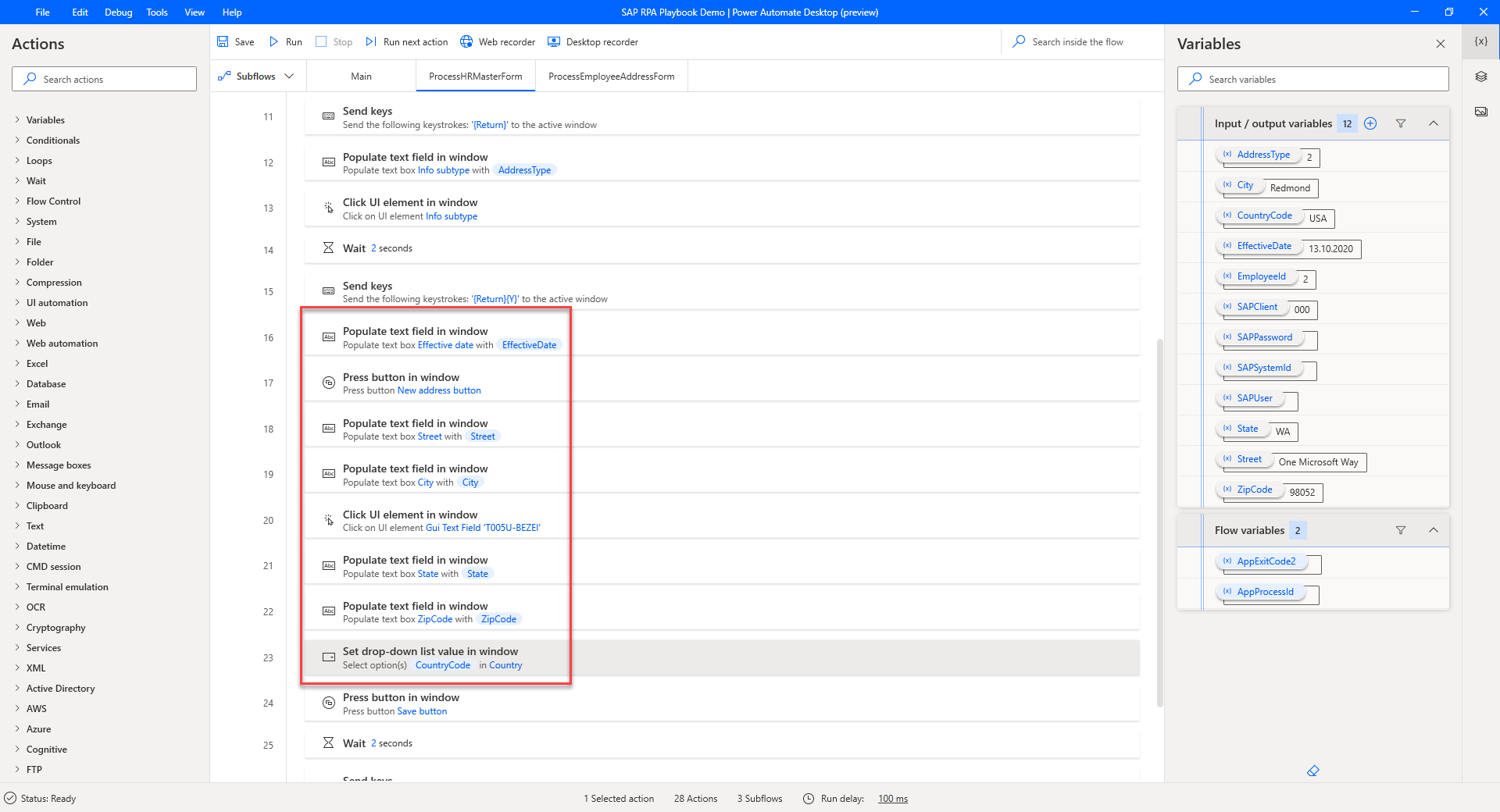 Captura de ecrã do Power Automate Desktop que mostra os resultados da ação depois de renomear a Data efetiva, Rua, Cidade, Estado, Código postal e País.