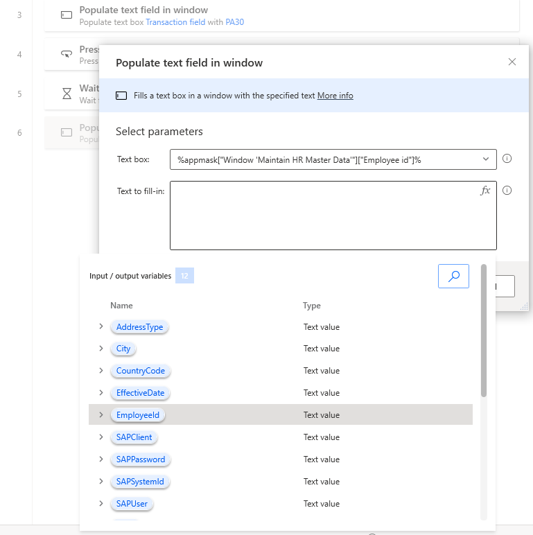 Captura de ecrã da janela do estruturador do Power Automate Desktop com Preencher campo de texto no diálogo de Janela aberto e a lista de variáveis aberta.