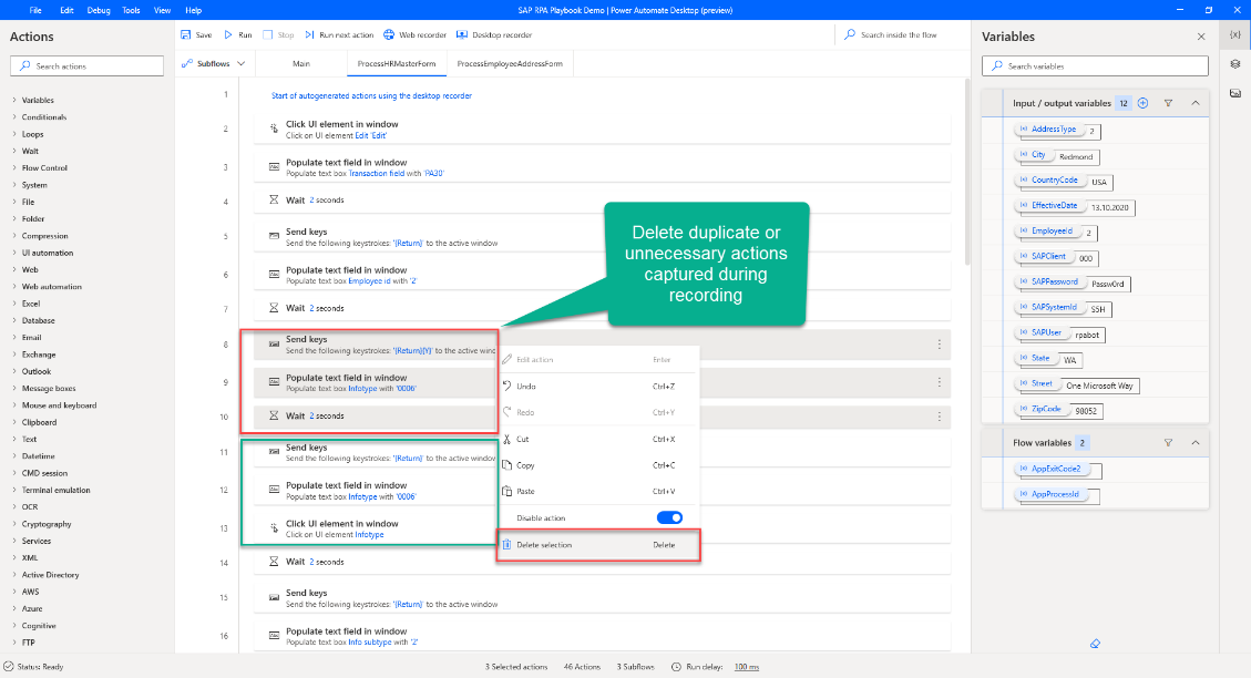 Captura de ecrã do Power Automate Desktop que mostra ações duplicadas ou capturadas acidentalmente.