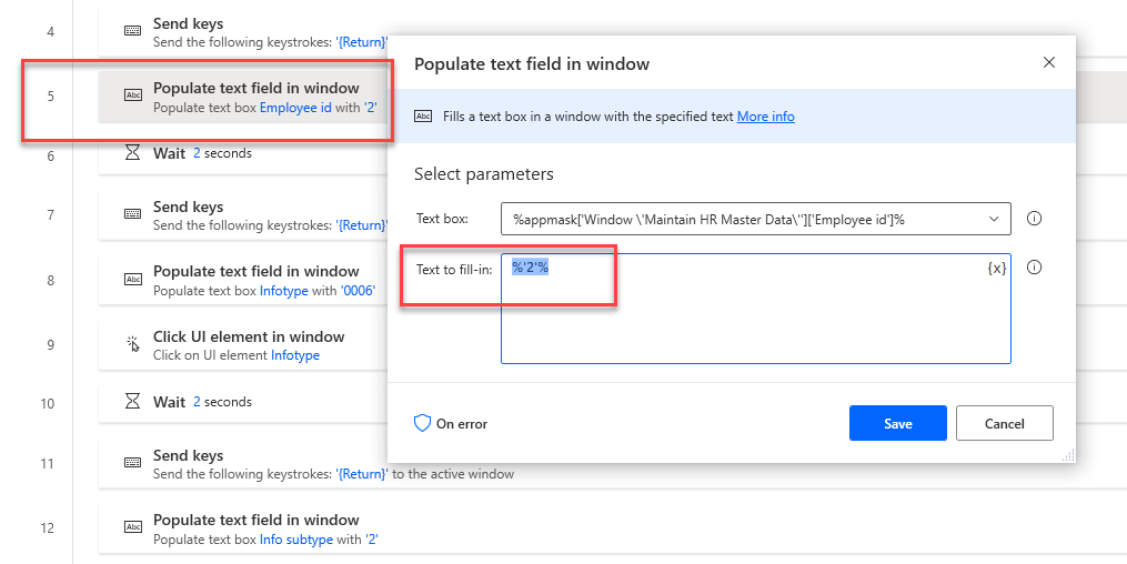 Captura de ecrã do Power Automate Desktop que mostra um diálogo de ação do campo de texto Preencher onde um ID de funcionário codificado pode ser substituído por uma variável previamente definida.