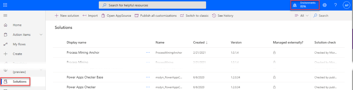 Captura de ecrã da janela do portal do Power Automate com Soluções selecionadas no painel esquerdo e o botão da solução Nova selecionado.