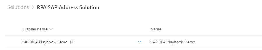 Captura de ecrã da área de Soluções do Power Automate com a Solução de Endereço RPA SAP a mostrar o fluxo de demonstração do manual de procedimentos SAP RPA na lista.