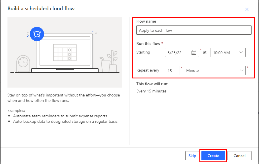 Captura de ecrã das opções para configurar um fluxo agendado.