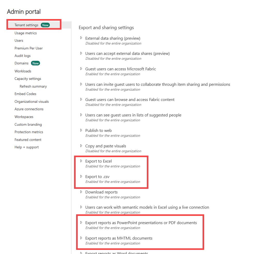 Captura de ecrã das definições do inquilino com as definições de exportação relevantes delineadas.